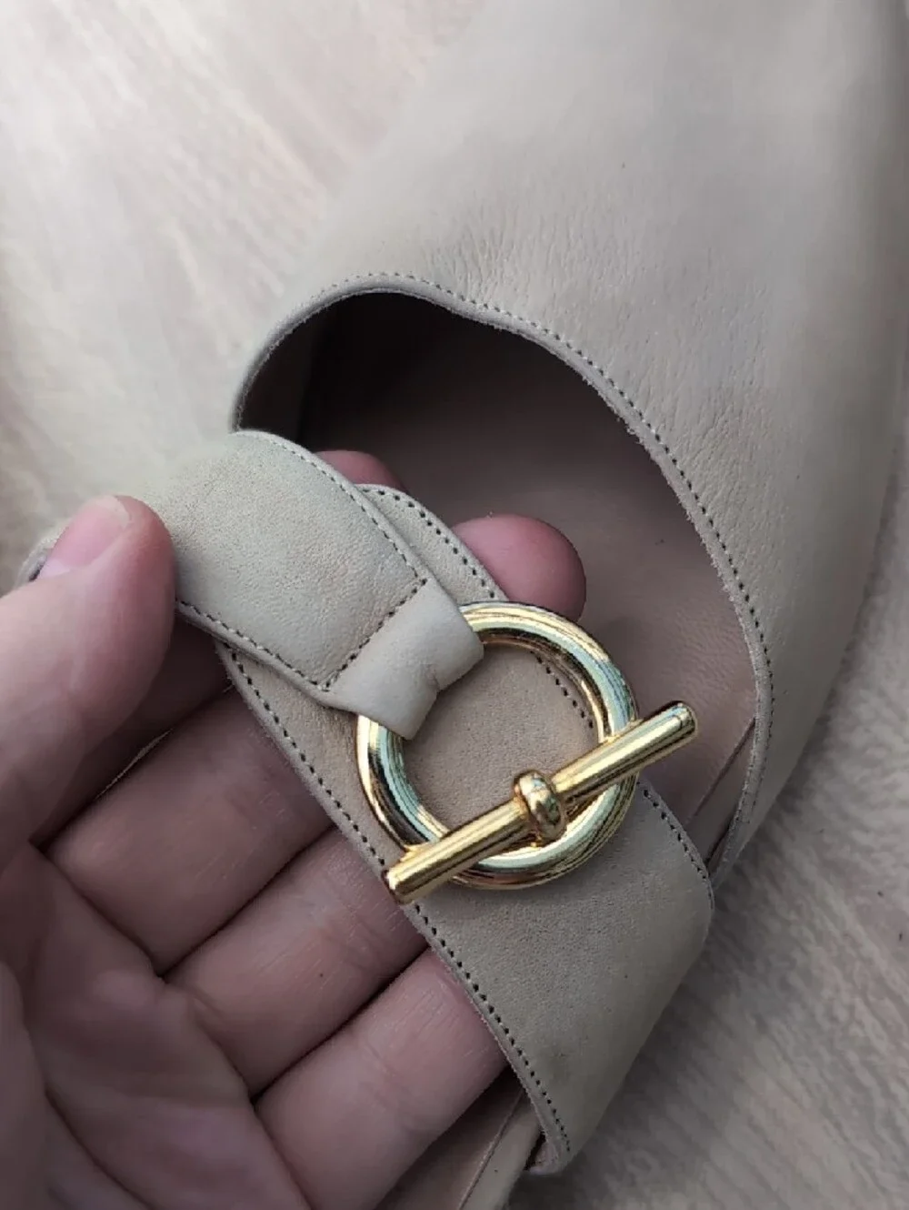 Saks Fifth Avenue Taupe Leather Pointed Flats with Gold Buckle